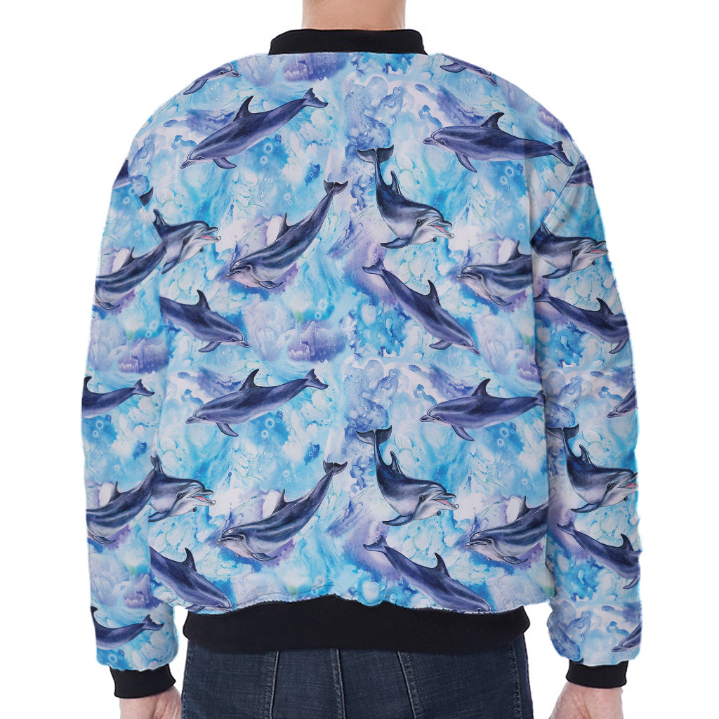 Watercolor Dolphin In The Sea Print Zip Sleeve Bomber Jacket
