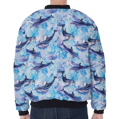 Watercolor Dolphin In The Sea Print Zip Sleeve Bomber Jacket