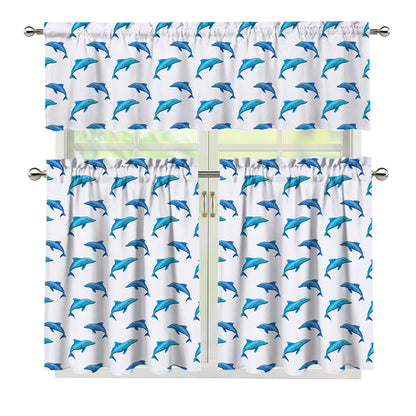 Watercolor Dolphin Pattern Print 3 Piece Kitchen Curtains