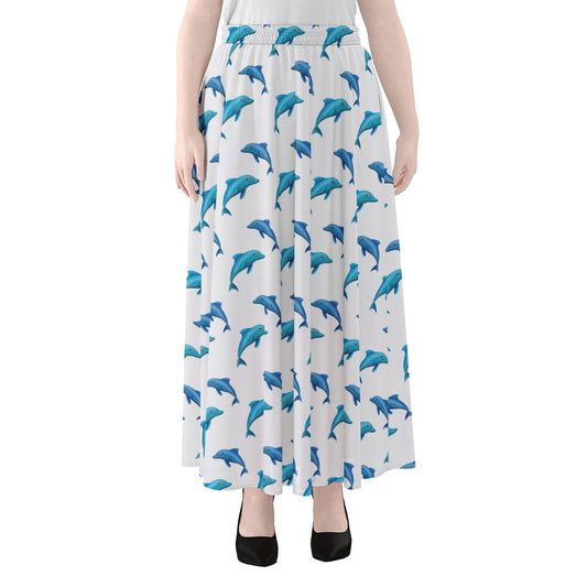 Watercolor Dolphin Pattern Print Chiffon Maxi Skirt