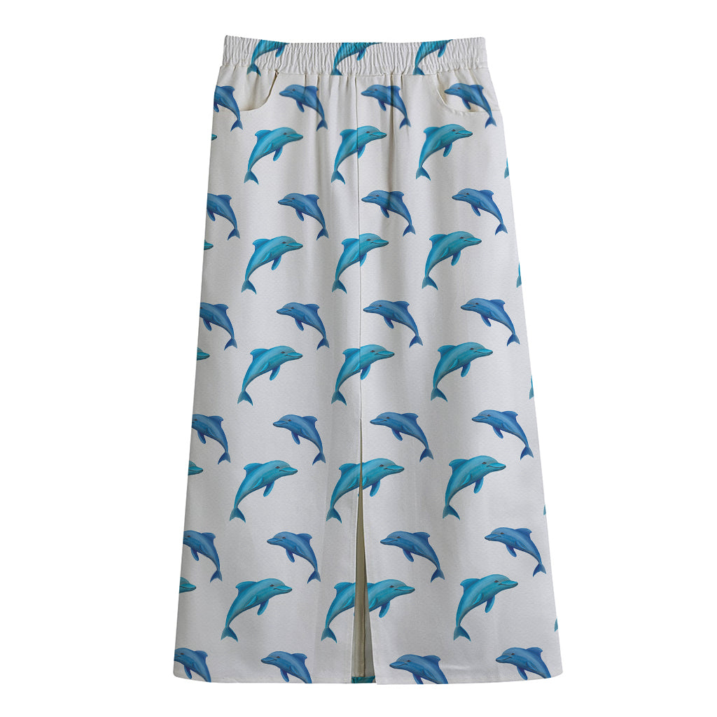Watercolor Dolphin Pattern Print Cotton Front Slit Maxi Skirt