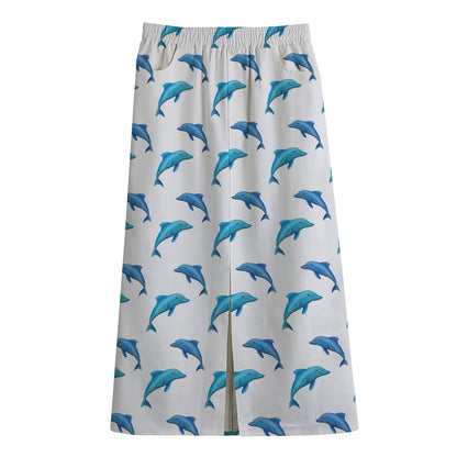 Watercolor Dolphin Pattern Print Cotton Front Slit Maxi Skirt