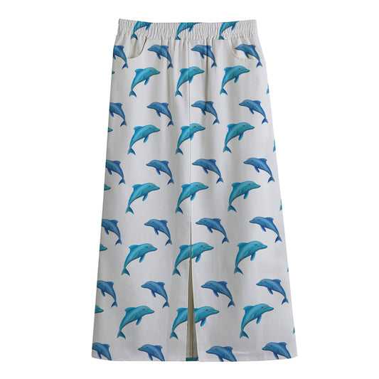 Watercolor Dolphin Pattern Print Cotton Front Slit Maxi Skirt