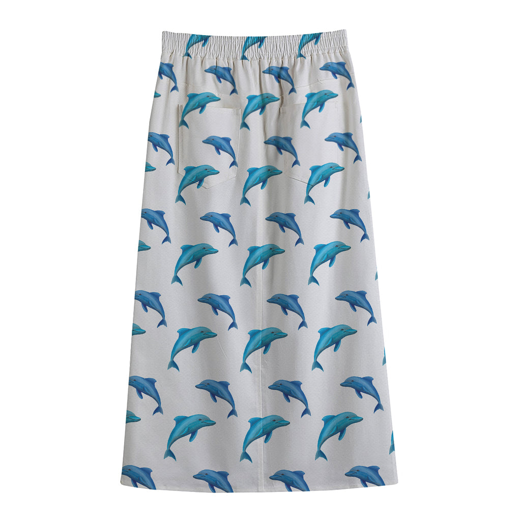Watercolor Dolphin Pattern Print Cotton Front Slit Maxi Skirt