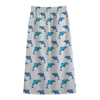 Watercolor Dolphin Pattern Print Cotton Front Slit Maxi Skirt