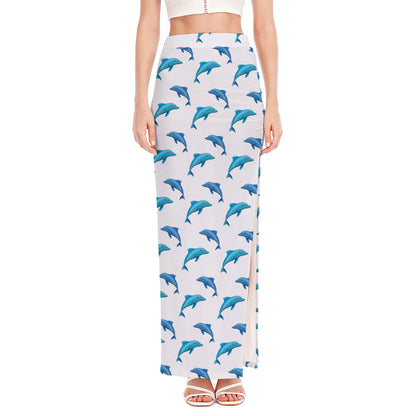 Watercolor Dolphin Pattern Print High Slit Maxi Skirt