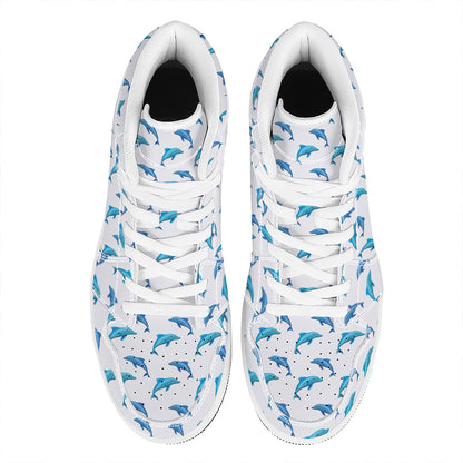 Watercolor Dolphin Pattern Print High Top Leather Sneakers