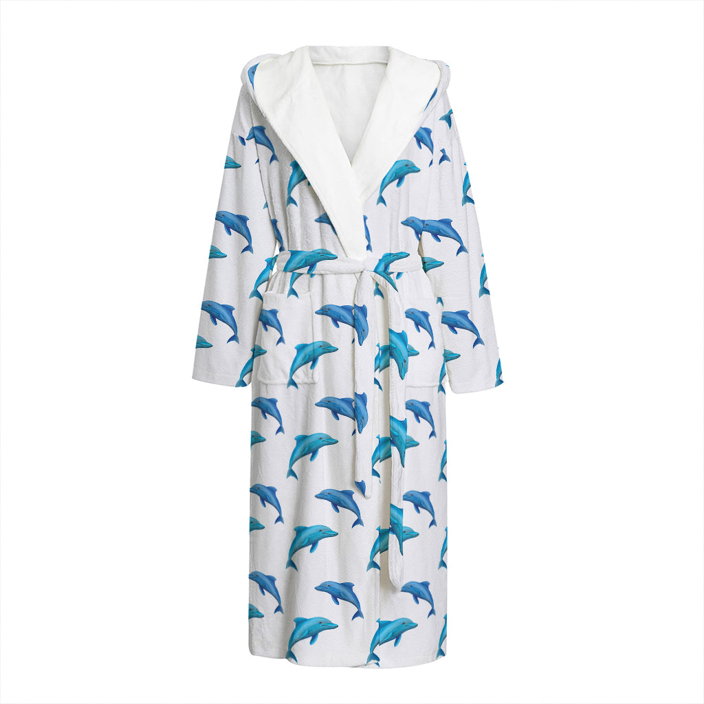 Watercolor Dolphin Pattern Print Hooded Bathrobe