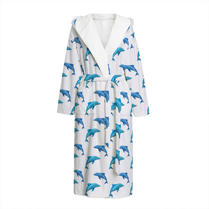 Watercolor Dolphin Pattern Print Hooded Bathrobe