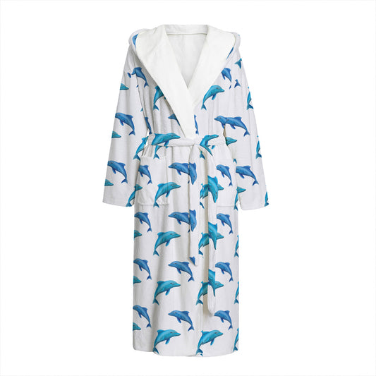 Watercolor Dolphin Pattern Print Hooded Bathrobe
