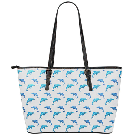 Watercolor Dolphin Pattern Print Leather Tote Bag