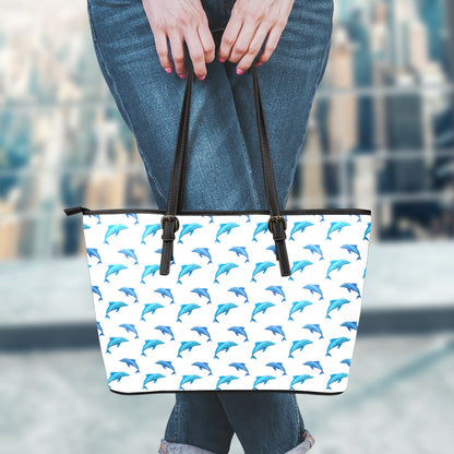 Watercolor Dolphin Pattern Print Leather Tote Bag