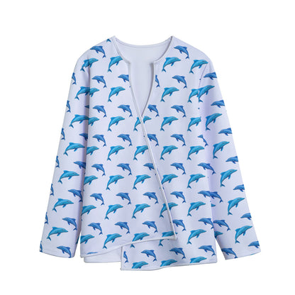Watercolor Dolphin Pattern Print Long Sleeve Short Coat