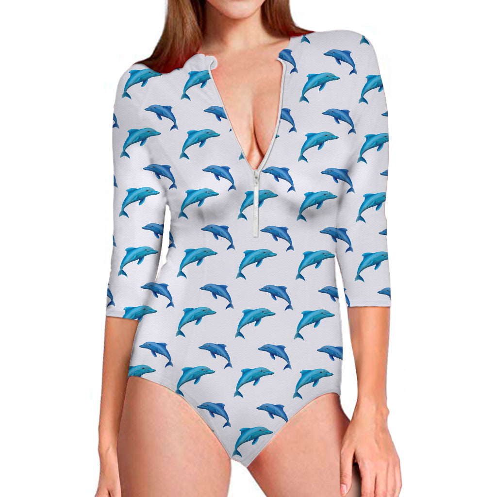 Watercolor Dolphin Pattern Print Long Sleeve Swimsuit