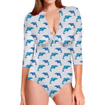 Watercolor Dolphin Pattern Print Long Sleeve Swimsuit