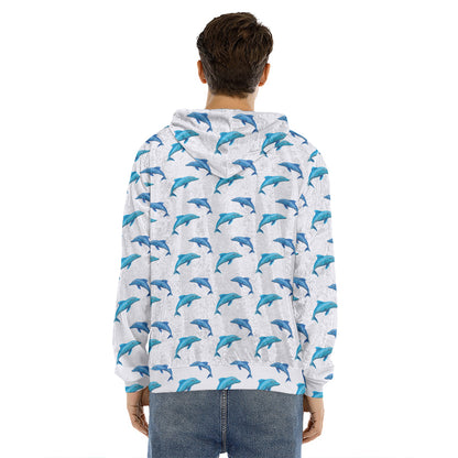 Watercolor Dolphin Pattern Print Men's Velvet Pullover Hoodie