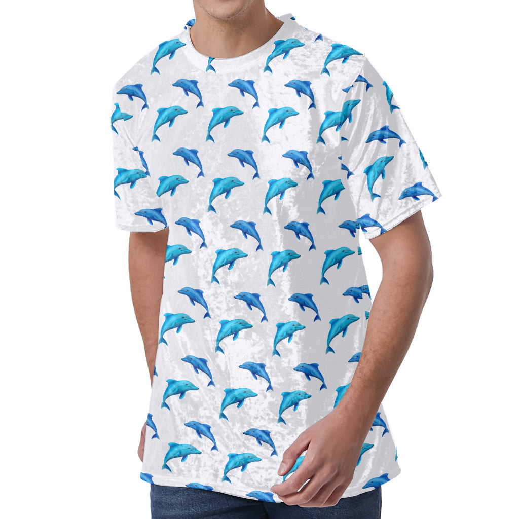 Watercolor Dolphin Pattern Print Men's Velvet T-Shirt