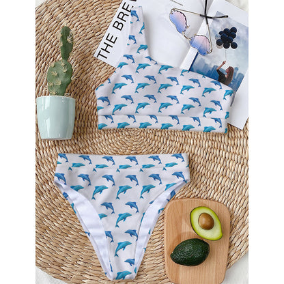 Watercolor Dolphin Pattern Print One Shoulder Bikini Top