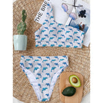 Watercolor Dolphin Pattern Print One Shoulder Bikini Top