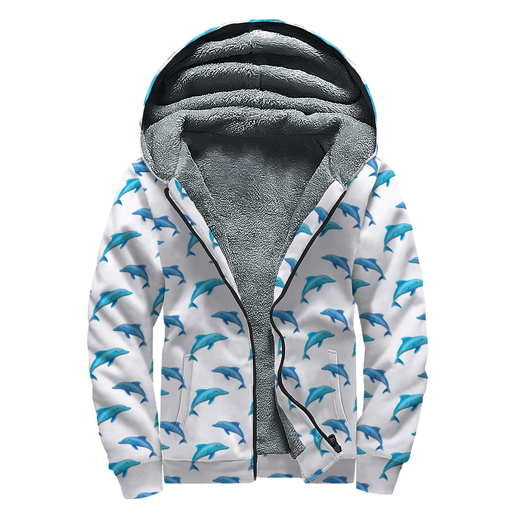Watercolor Dolphin Pattern Print Sherpa Lined Zip Up Hoodie