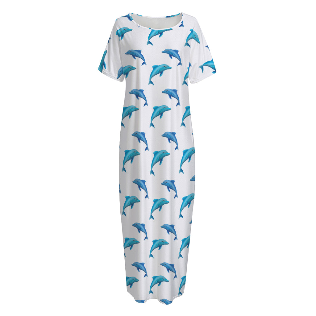 Watercolor Dolphin Pattern Print Short Sleeve Long Nightdress