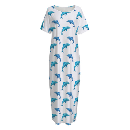 Watercolor Dolphin Pattern Print Short Sleeve Long Nightdress