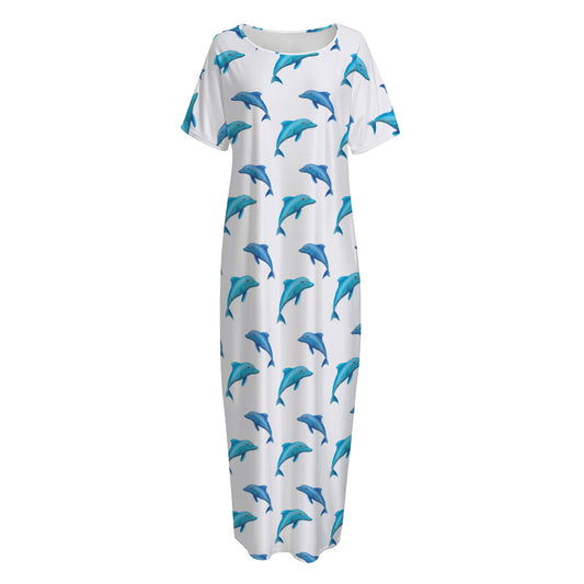 Watercolor Dolphin Pattern Print Short Sleeve Long Nightdress