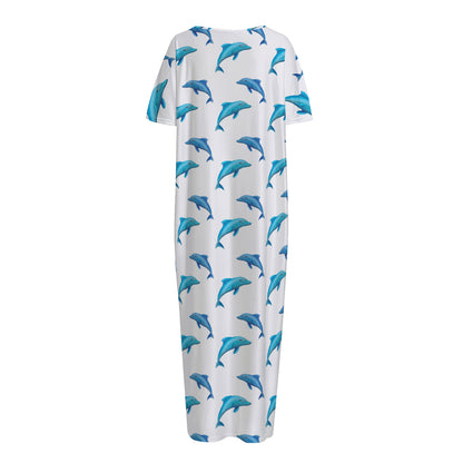 Watercolor Dolphin Pattern Print Short Sleeve Long Nightdress