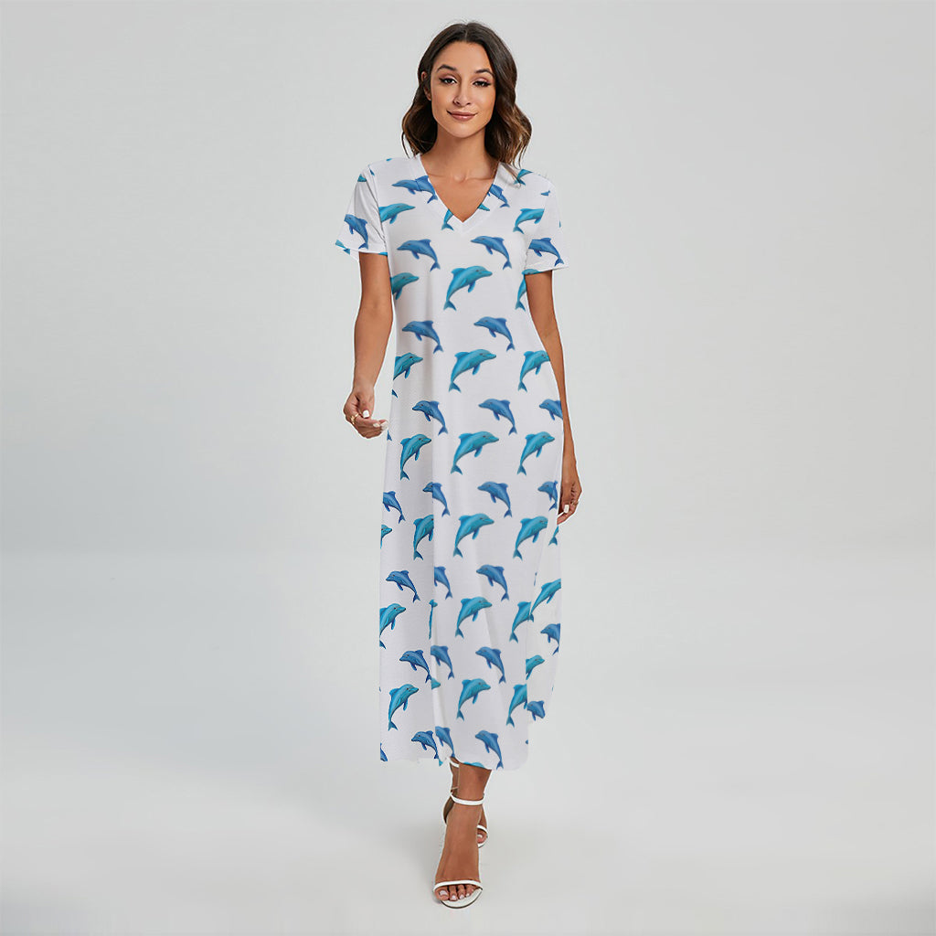Watercolor Dolphin Pattern Print Short Sleeve Maxi Dress
