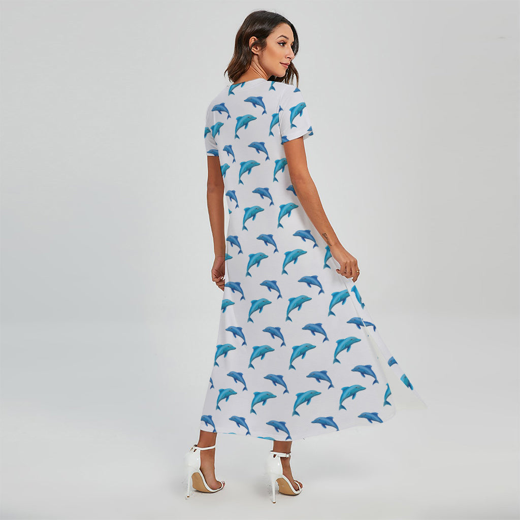 Watercolor Dolphin Pattern Print Short Sleeve Maxi Dress