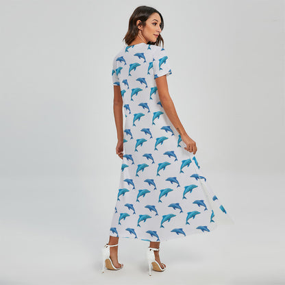 Watercolor Dolphin Pattern Print Short Sleeve Maxi Dress