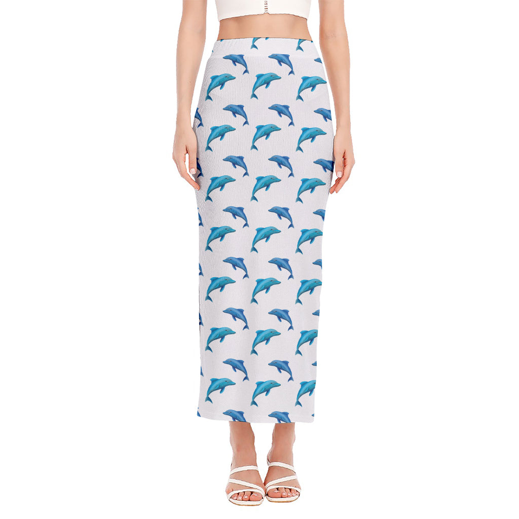 Watercolor Dolphin Pattern Print Side Slit Maxi Skirt