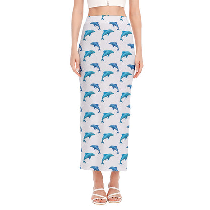 Watercolor Dolphin Pattern Print Side Slit Maxi Skirt