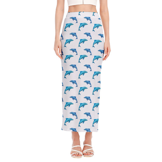 Watercolor Dolphin Pattern Print Side Slit Maxi Skirt