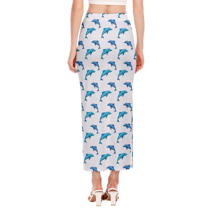Watercolor Dolphin Pattern Print Side Slit Maxi Skirt