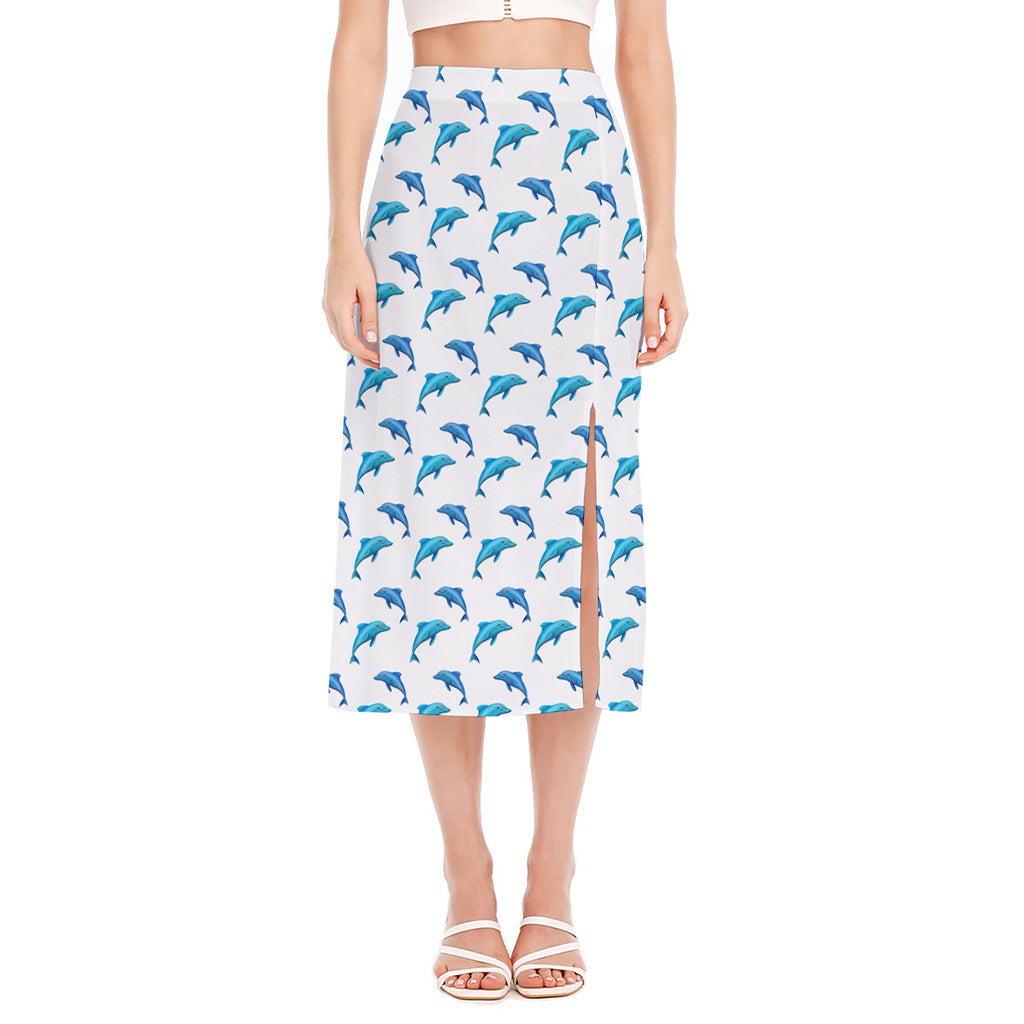 Watercolor Dolphin Pattern Print Side Slit Midi Skirt