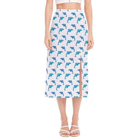 Watercolor Dolphin Pattern Print Side Slit Midi Skirt