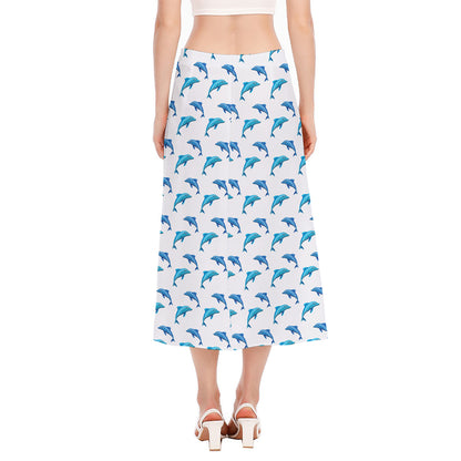 Watercolor Dolphin Pattern Print Side Slit Midi Skirt