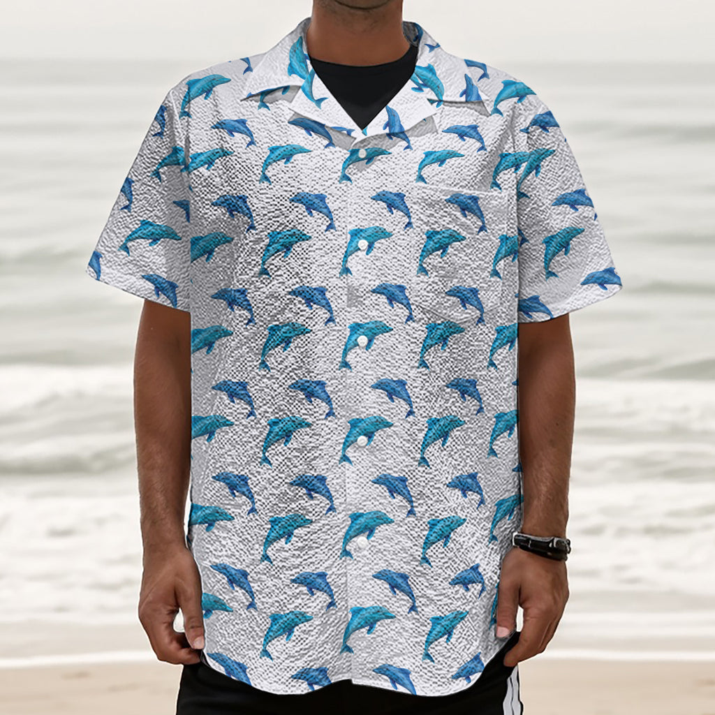 Watercolor Dolphin Pattern Print Textured Short Sleeve Shirt