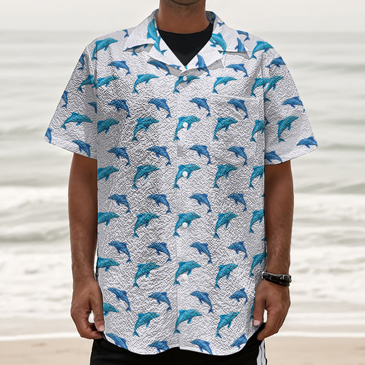 Watercolor Dolphin Pattern Print Textured Short Sleeve Shirt