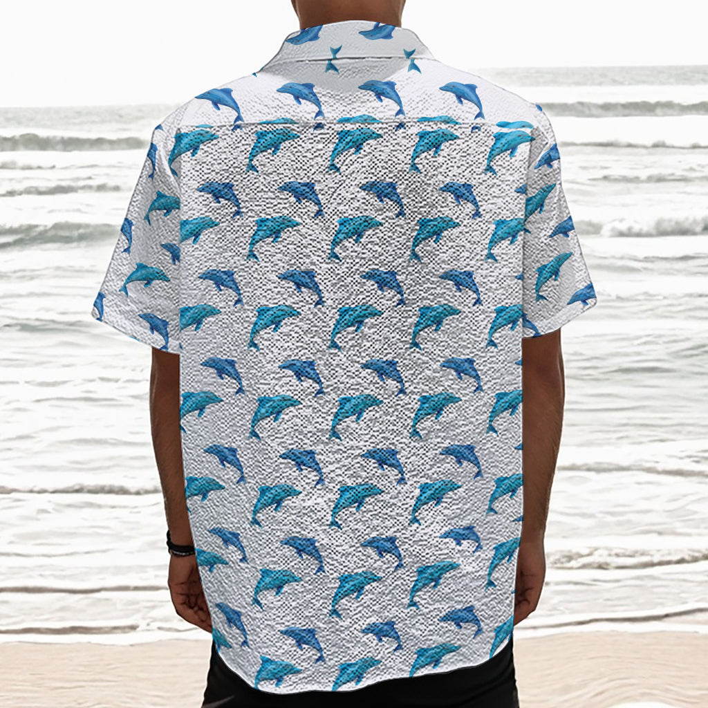 Watercolor Dolphin Pattern Print Textured Short Sleeve Shirt