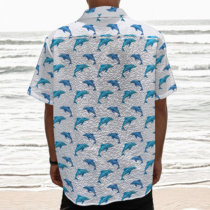 Watercolor Dolphin Pattern Print Textured Short Sleeve Shirt