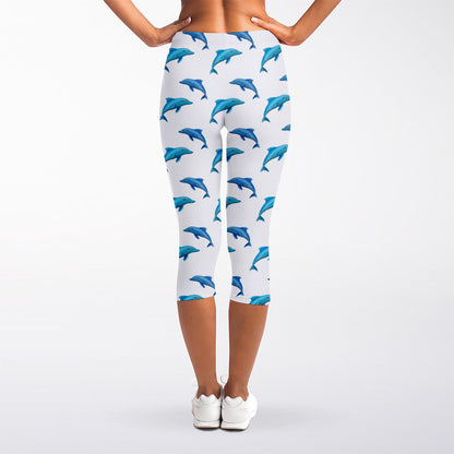 Watercolor Dolphin Pattern Print Women's Capri Leggings
