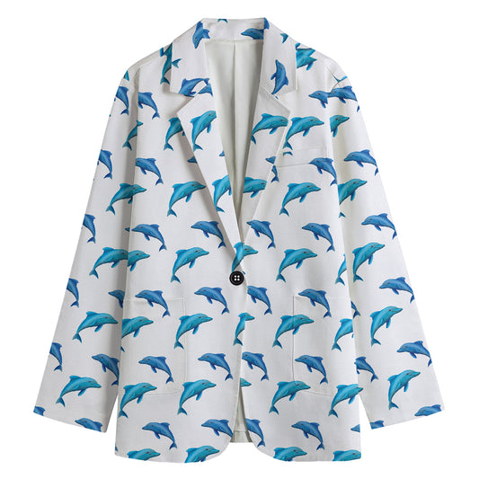 Watercolor Dolphin Pattern Print Women's Cotton Blazer