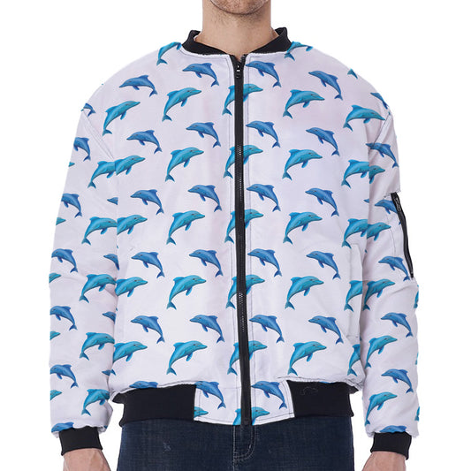 Watercolor Dolphin Pattern Print Zip Sleeve Bomber Jacket