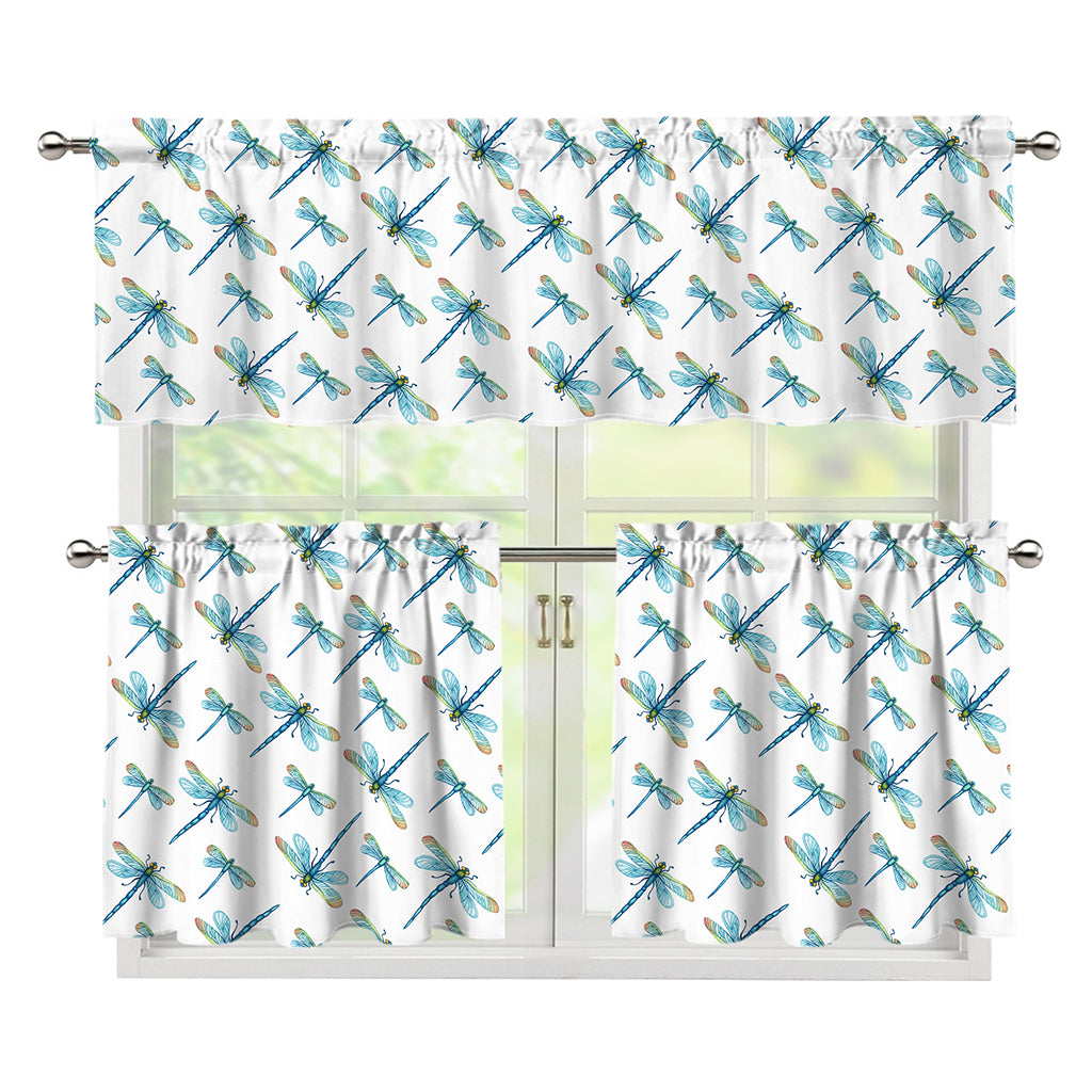 Watercolor Dragonfly Pattern Print 3 Piece Kitchen Curtains