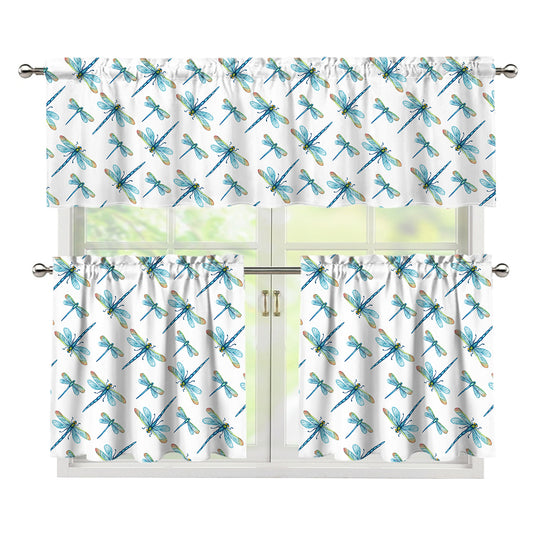 Watercolor Dragonfly Pattern Print 3 Piece Kitchen Curtains