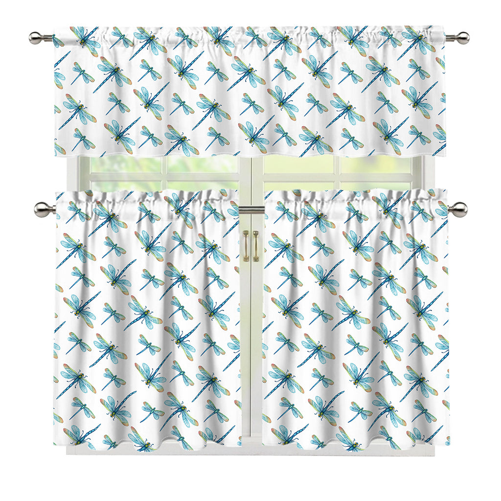 Watercolor Dragonfly Pattern Print 3 Piece Kitchen Curtains