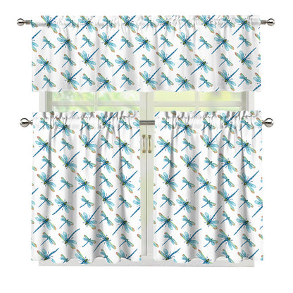 Watercolor Dragonfly Pattern Print 3 Piece Kitchen Curtains