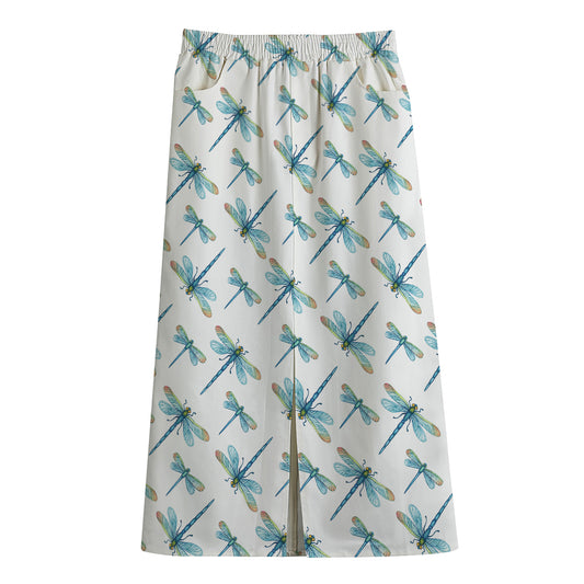 Watercolor Dragonfly Pattern Print Cotton Front Slit Maxi Skirt
